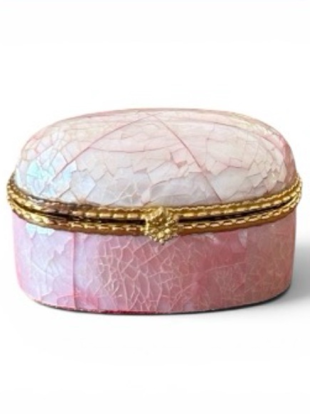 Vintage Pink Iridescent Trinket Box Gold Hinged Jewelry Ring Keepsake